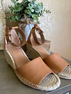Vince Camuto Cognac Leather Espadrille Wedge Sandals